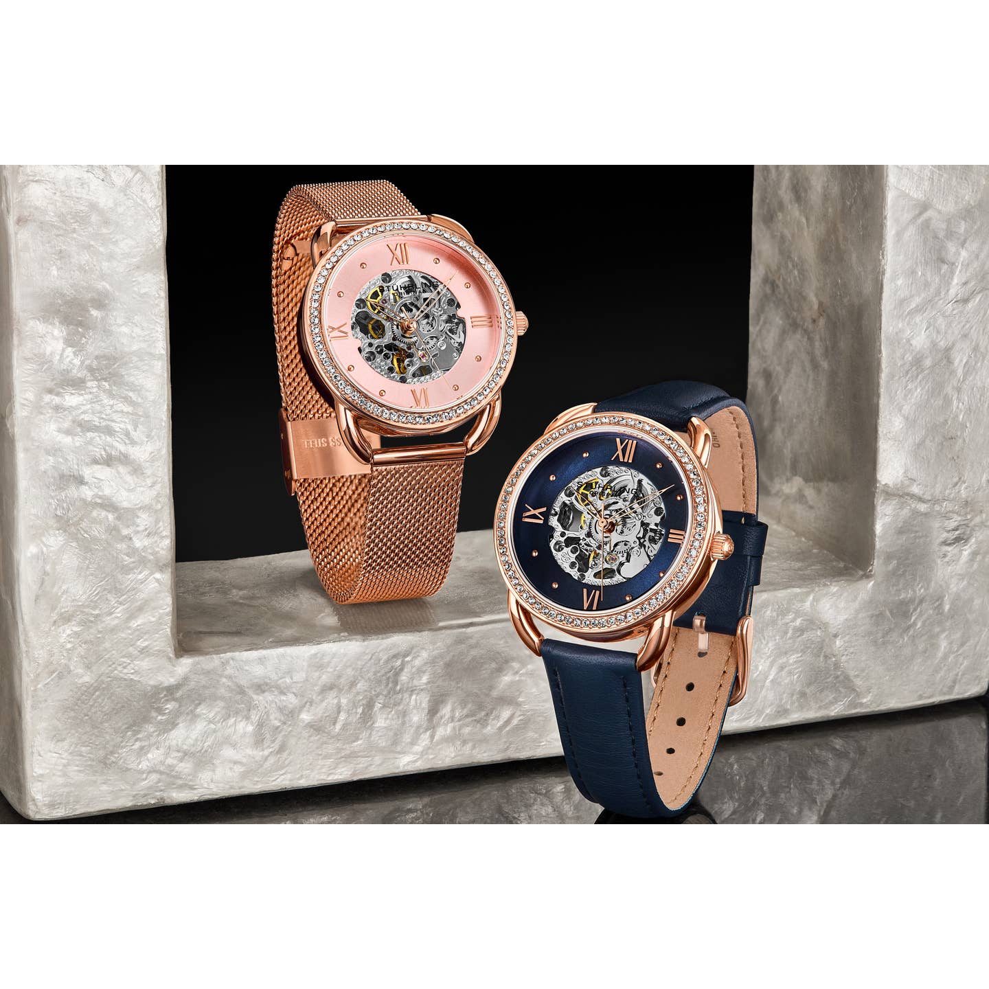Stuhrling Original Model 3992 Women's Automatic Watch, 36mm, Blue Dial, Blue Leather Strap, Skeleton Dial