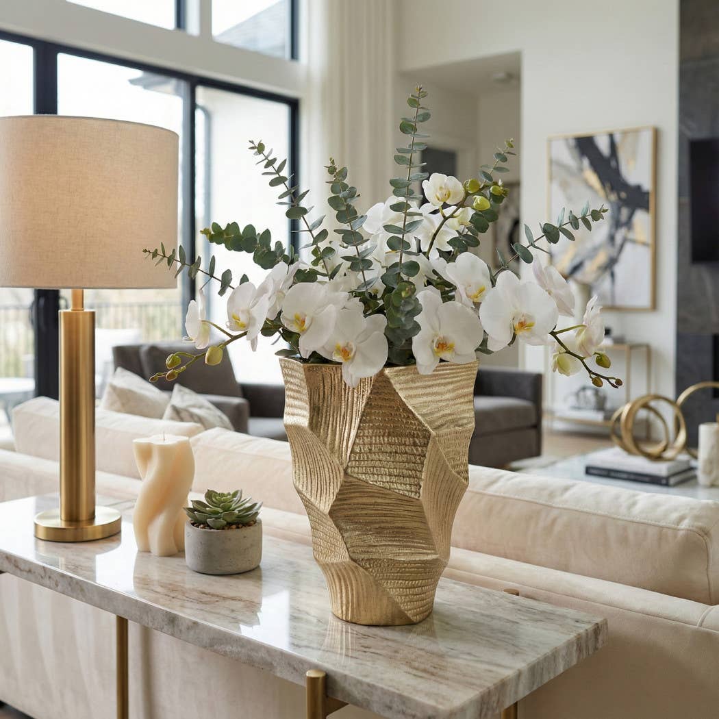 Decorative Vase - Gold Metal Geometric Textured, 9 in.