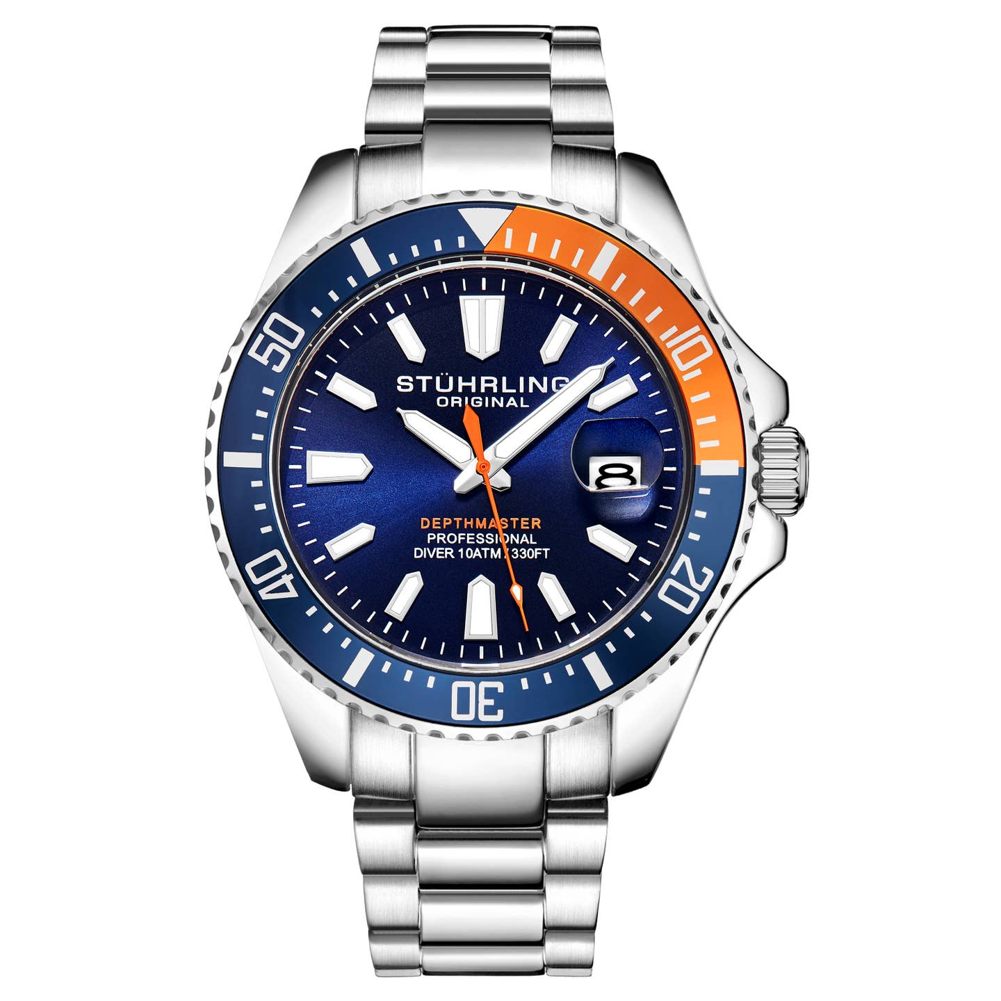 Stuhrling Original Depthmaster Men's Quartz Diver Watch, 42mm, Blue Dial, Blue And Orange Bezel