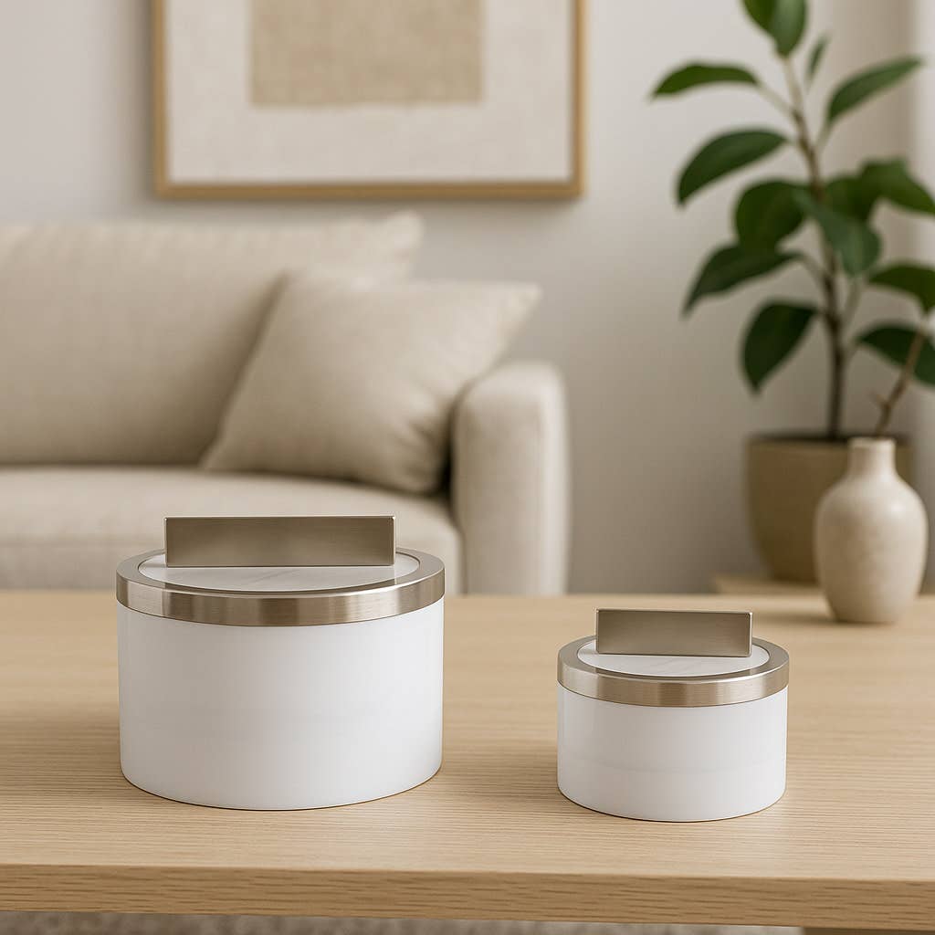 Decorative Boxes Set of 2 - White Acrylic Metal Lid, 7/5 in.