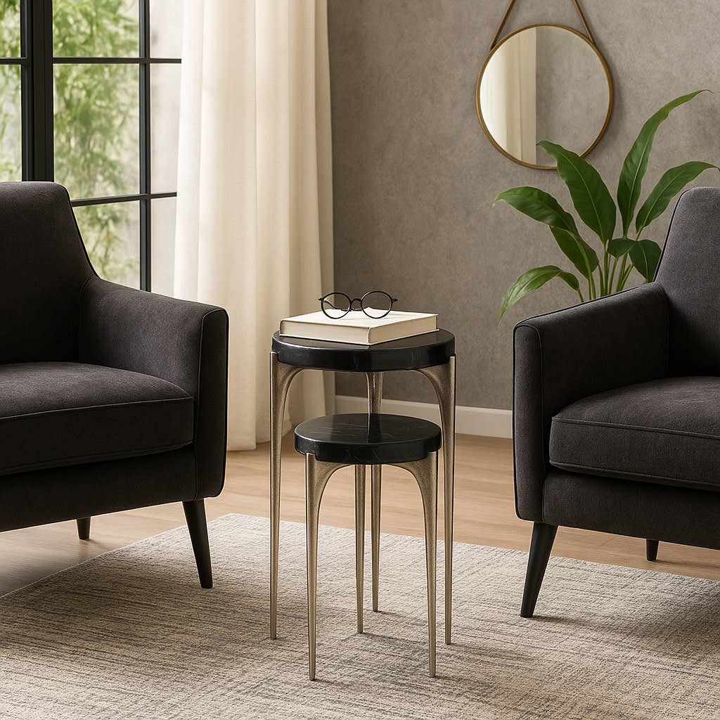 Side Table Set of 2 - Black/Silver Stone Top Round, 20/24 in