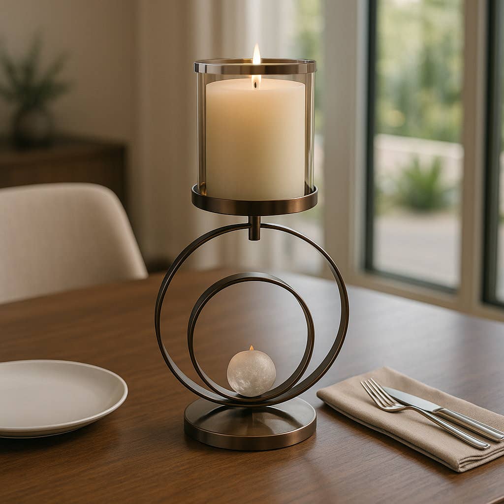 Candle Holder - Bronze Metal Glass Small Hurricane, 22 in.