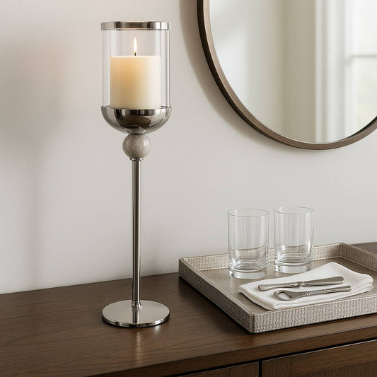 Candle Holder - Silver Metal Small Floor Hurricane, 25 in.