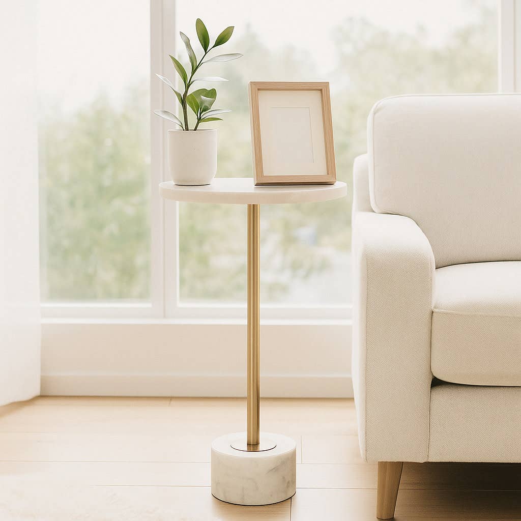 Side Table - White Quartz Top with Round Metal Base, 24 in.