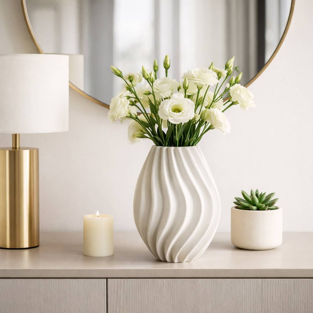 Decorative Vase - Ivory Porcelain Vertical Ribbed, 13 in.
