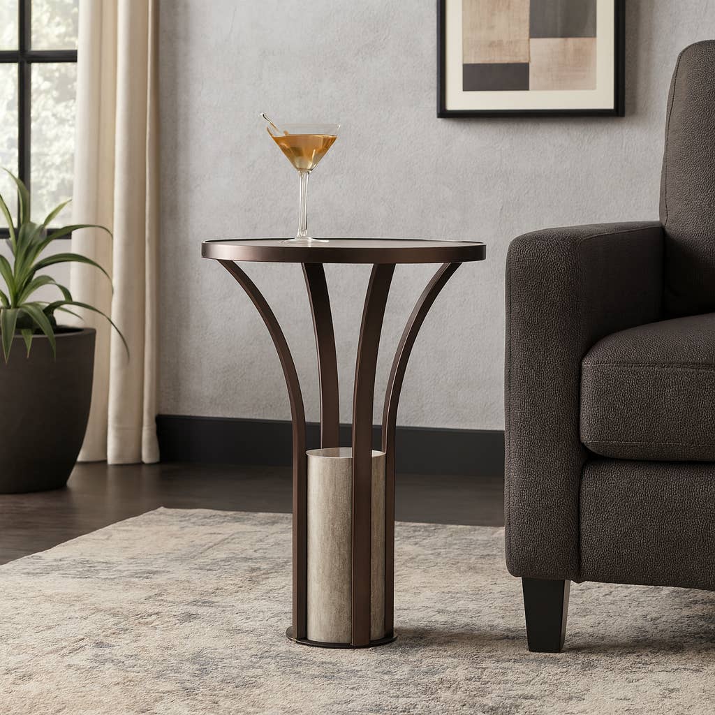 Side Table - Bronze Marble Top Cylindrical Pedestal, 24 in.