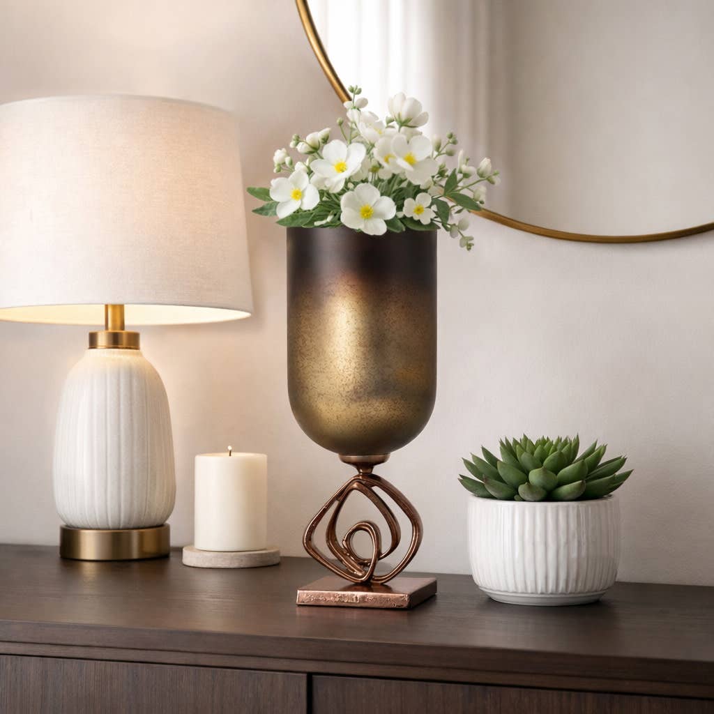 Decorative Vase - Bronze Glass Urn with Metal Stand, 19 in.