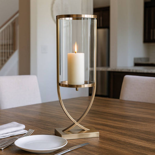 Candle Holder - Gold Metal Glass Cylindrical Pillar, 23 in.