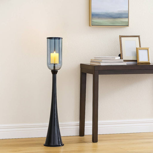 Candle Holder - Black Metal Frame Glass Hurricane, 43 in.