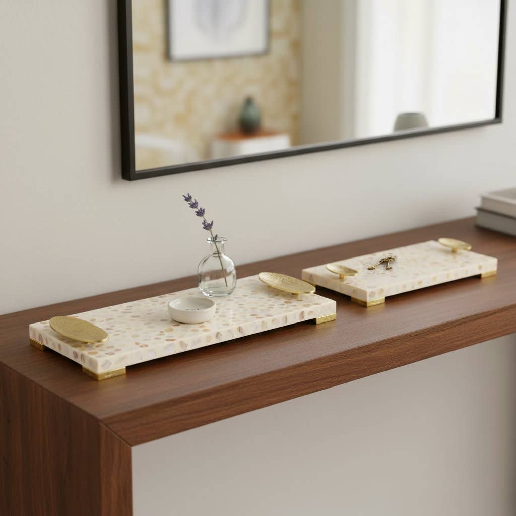 Trays Set of 2 - White Wood Rectangular Textured, 18/22 in.