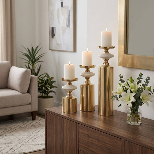 Candle Holder Set of 3 - Gold and White Marble, 9/12/16 in.