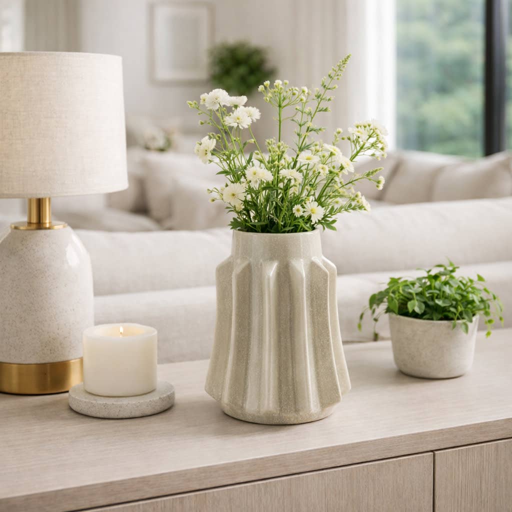 Decorative Vase - Beige Ceramic Modern Sculptural, 11 in.