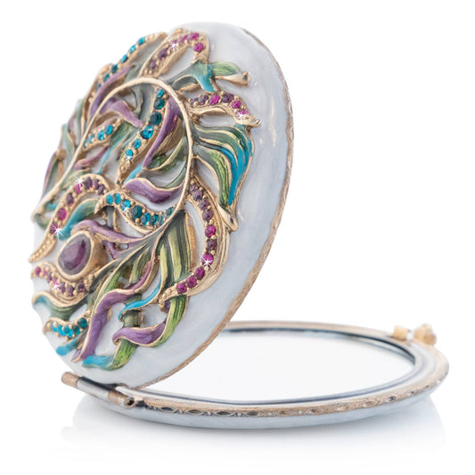 Jay Strongwater Rowan Classic Peacock Compact Mirror, Swarovski Crystal Enamel Gold-Finished