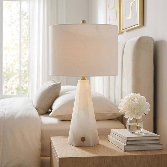 Table Lamp - White Stone Base with Geometric Design, 26 in.