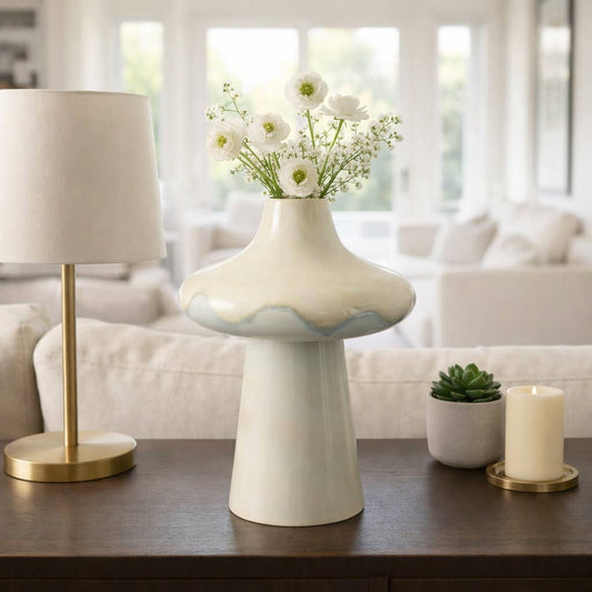 Decorative Vase - Beige Ceramic Sculptural Design, 16 in.