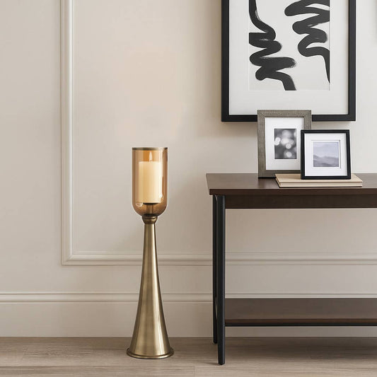 Candle Holder - Gold Metal Glass Hurricane Design, 34 in.