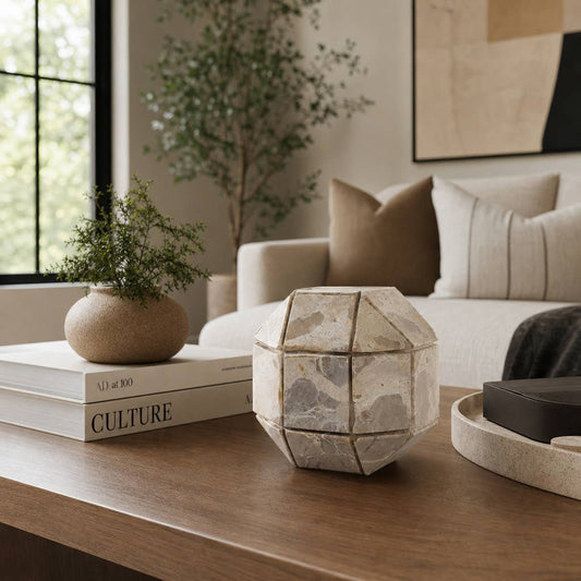 Decorative Object - Ivory Marble Geometric Sphere, 6 in.
