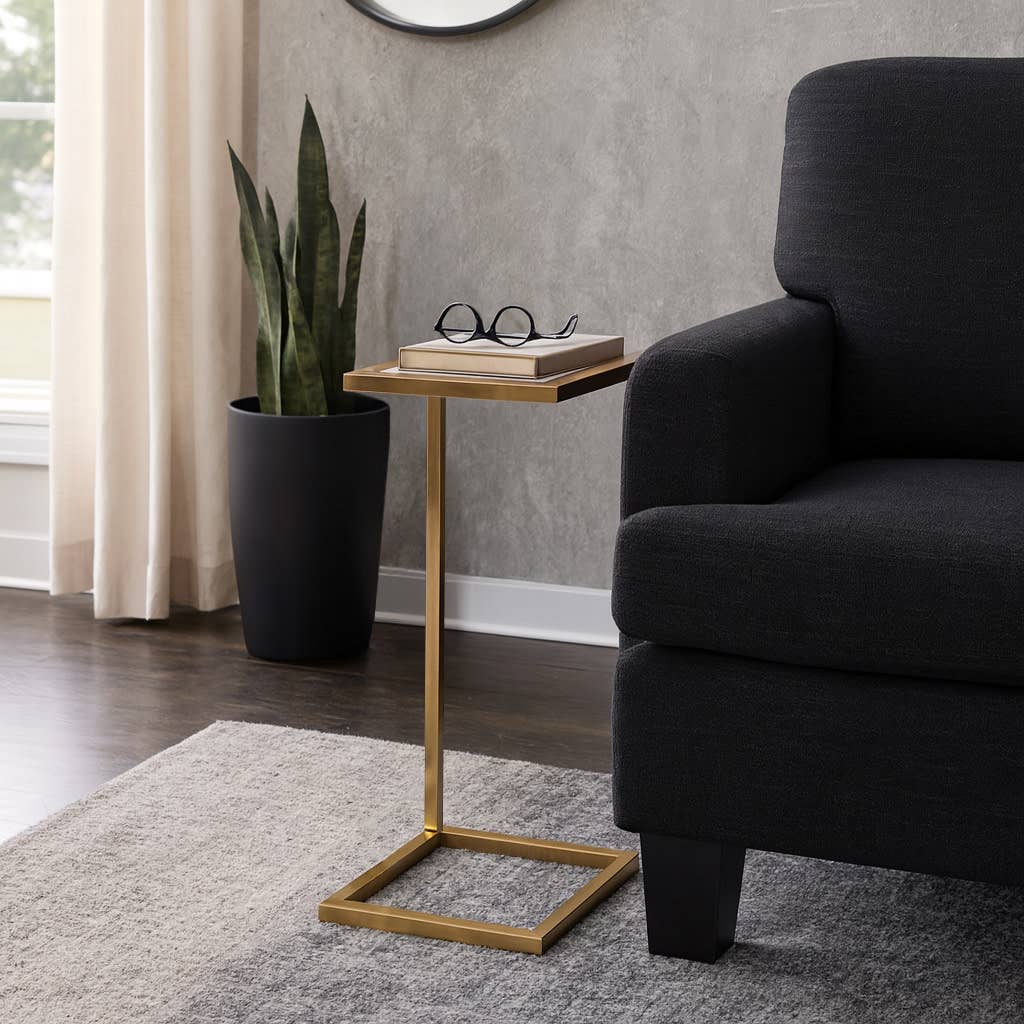 Side Table - White Selenite Top with Gold C-Frame, 24 in.