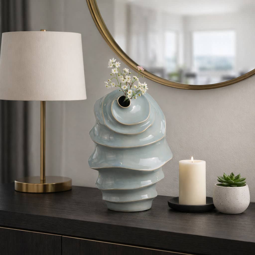 Decorative Vase - Blue Ceramic Coastal Spiral Textured, 14in