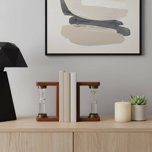Bookends Set of 2 - Brown Wood Modern Hourglass, 10 in.