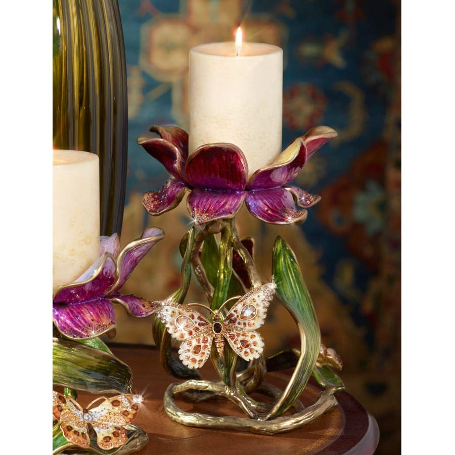 Jay Strongwater Meredith Floral 9" Brocade Pillar Candle Holder, Enamel Brass
