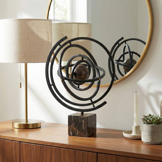 Sculpture - Brown Metal Rings with Marble Base, 17 in.