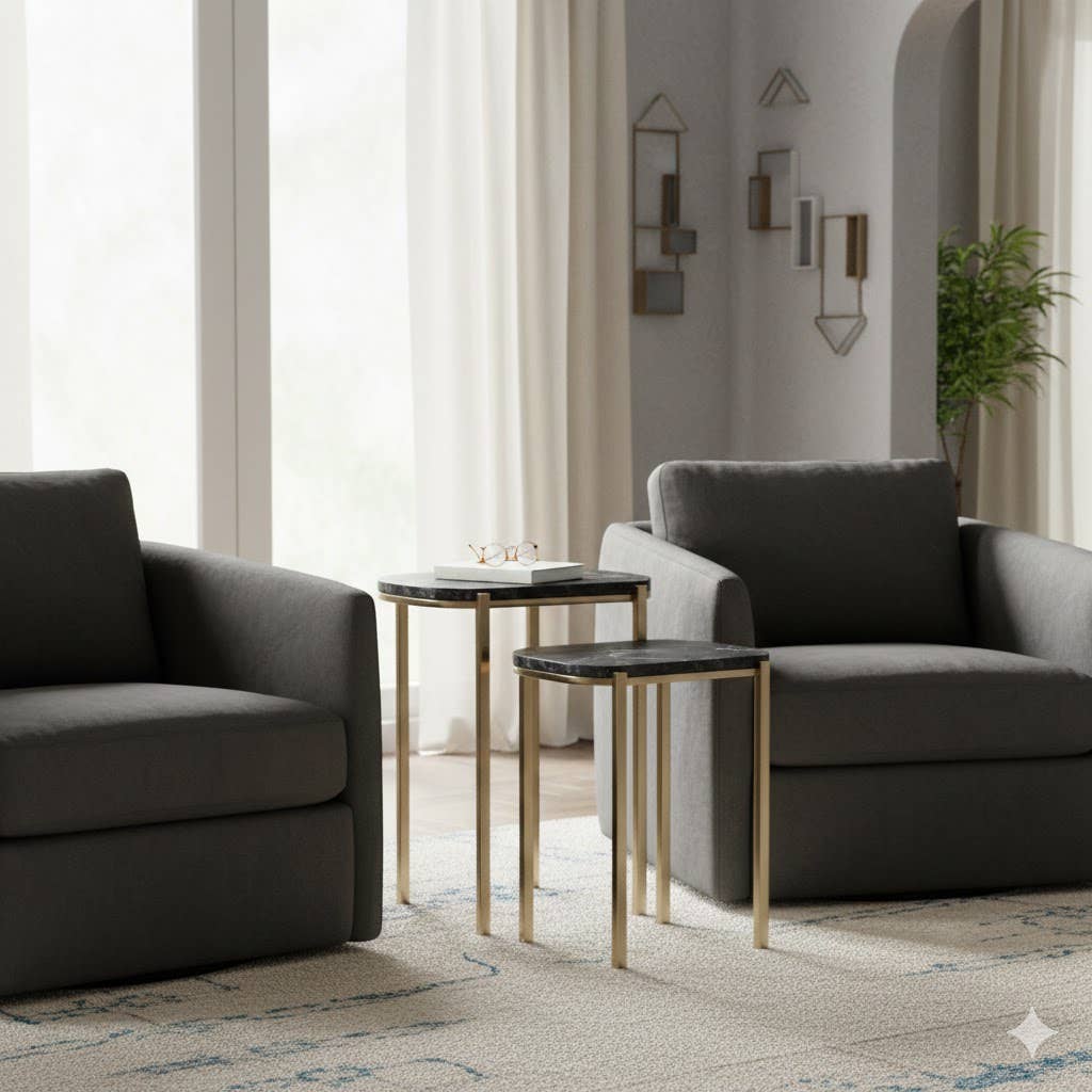 Side Table Set of 2 - Black Quartz Top Nesting, 22/24 in.