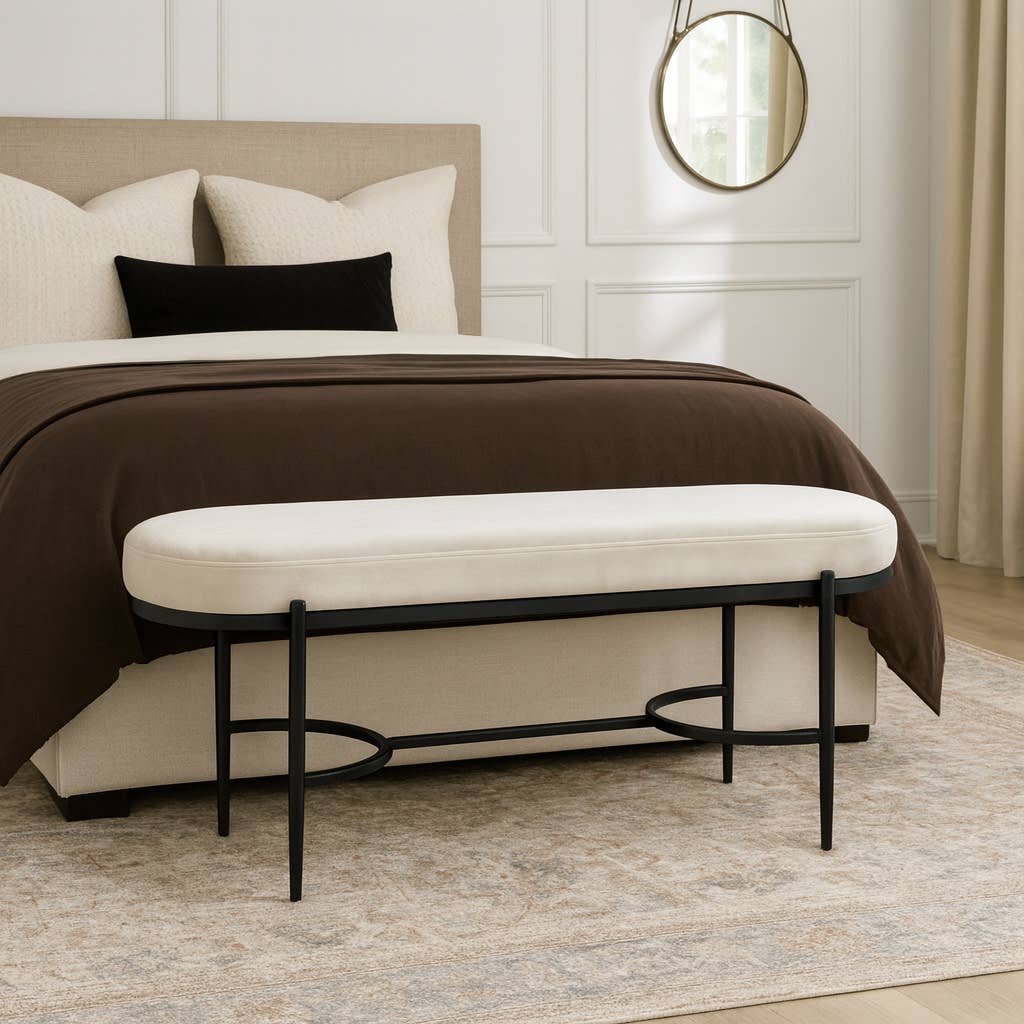Bench - Cream Velvet Upholstered Metal Base Frame, 48 in.