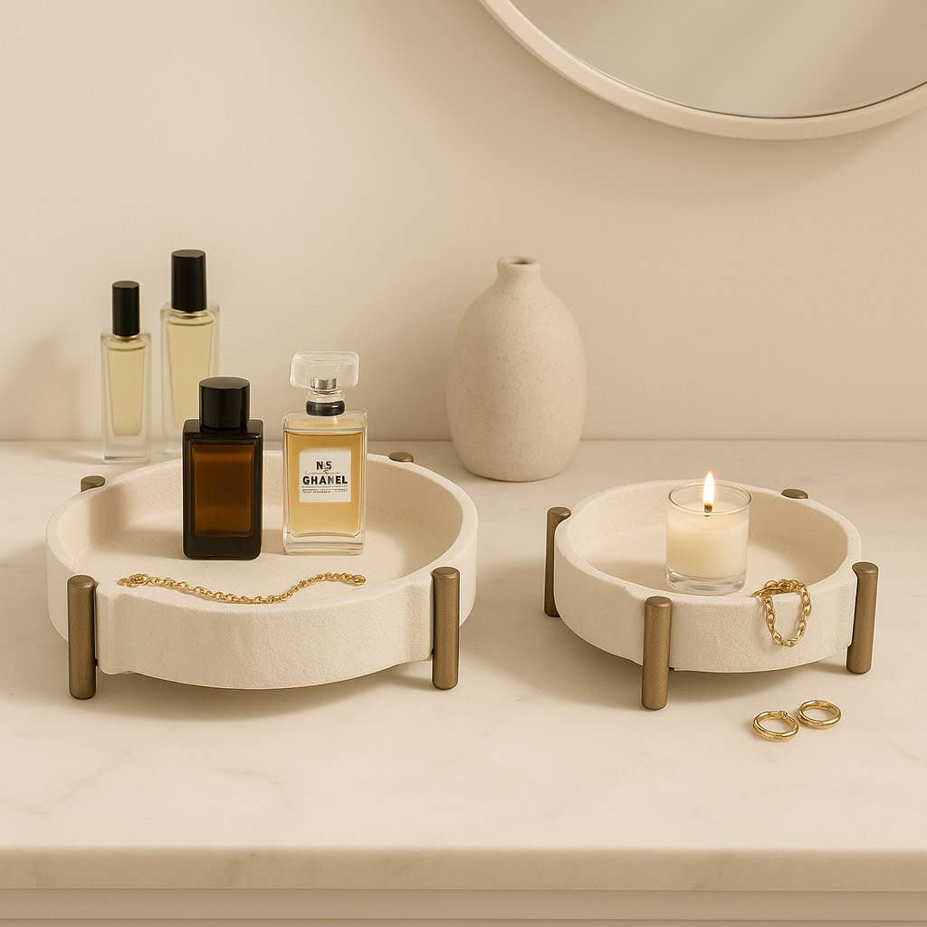 Decorative Trays Set of 2 - Beige Metal Stylish, 11/14 in.