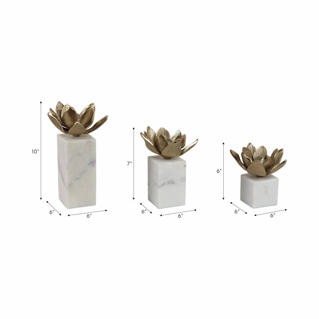 Sculpture Set 3 -Bronze Marble/Metal Flower Statue 6/7/10 in