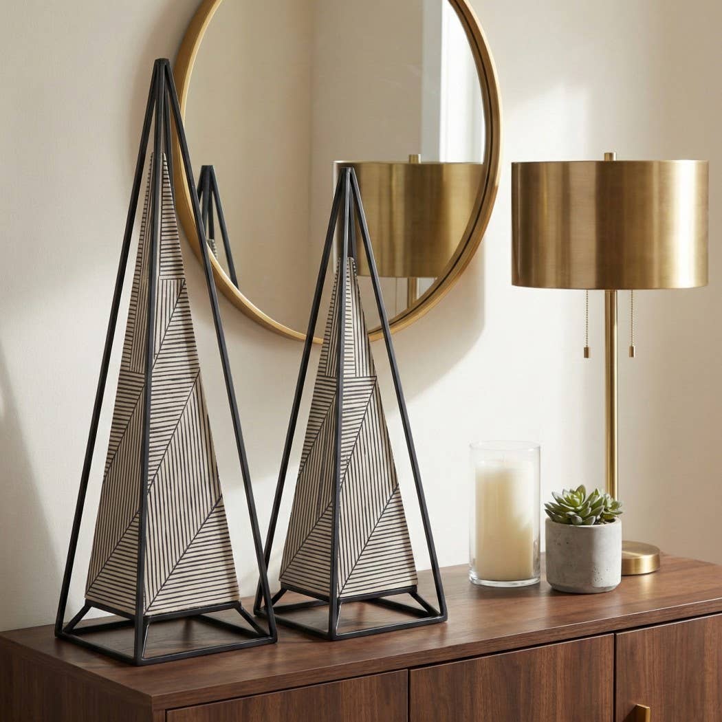 Sculptures Set of 2 - Black Resin Metal Pyramid, 21/26 in.