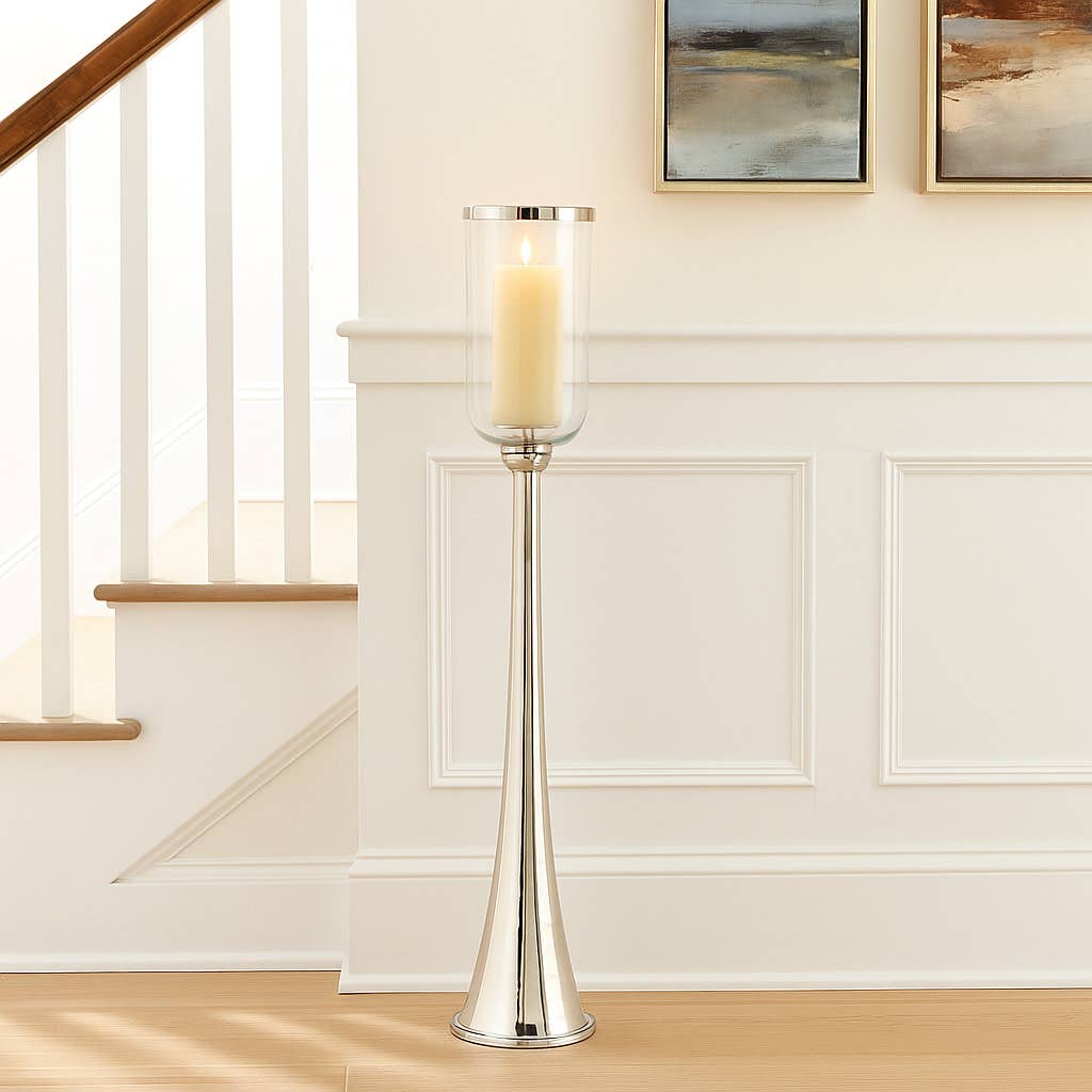 Candle Holder - Silver Metal Glass Hurricane Design, 43 in.