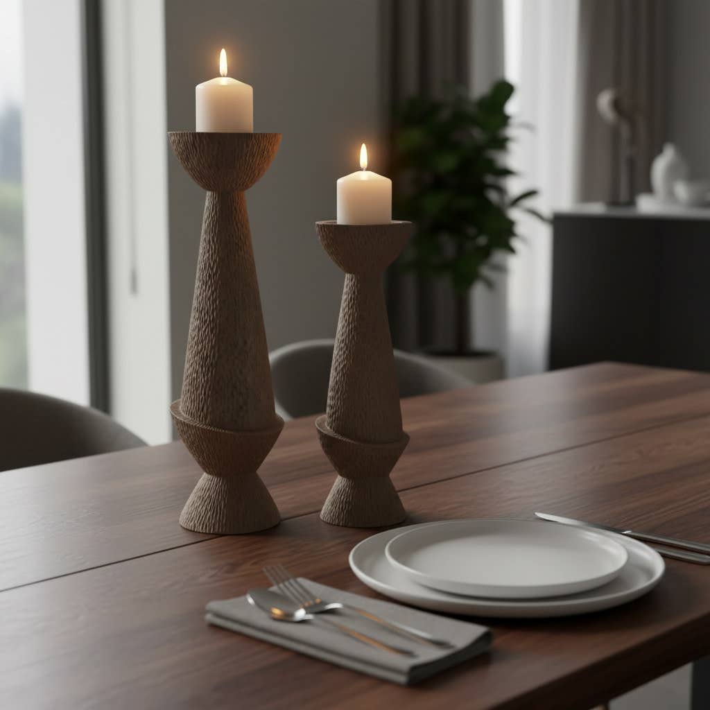 Candle Holder Set of 2 - Tan Resin Textured Pillar, 16/20 in