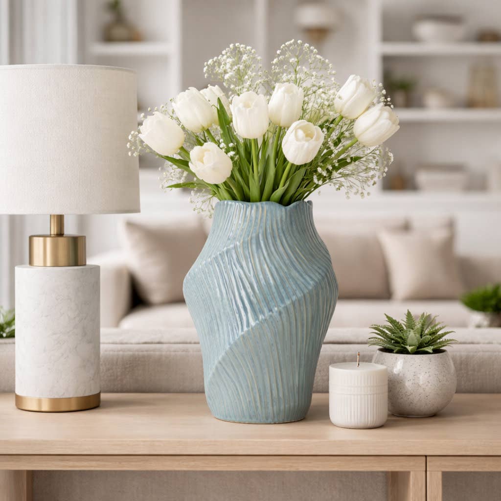 Decorative Vase - Blue Ceramic Sculptural Wavy, 14 in.