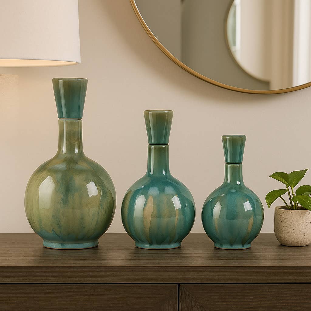 Bottles Set of 3 - Green Ceramic Glazed Flower, 9/12/14 in.