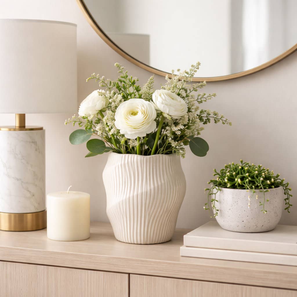 Decorative Vase - Beige Ceramic Chiseled Textured, 11 in.