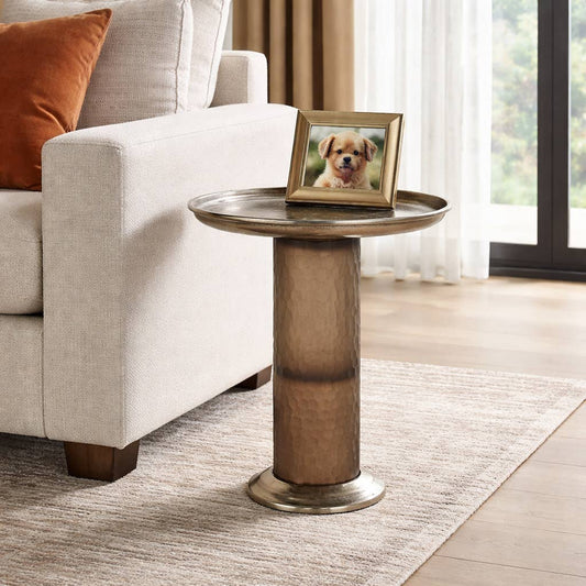 Side Table - Gold Glass Metal Textured Pedestal Base, 21 in.
