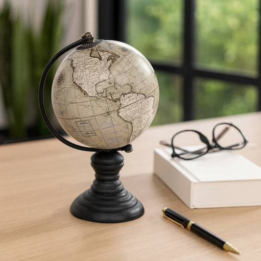 Decorative Globe - Black/Green Wood World Map Design, 7 in.