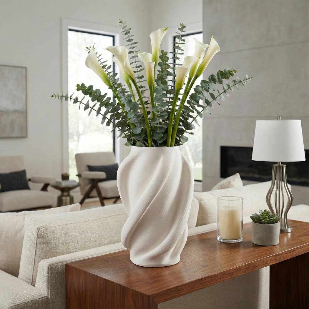Decorative Vase - White Ceramic 3D Printed Textured, 15 in.