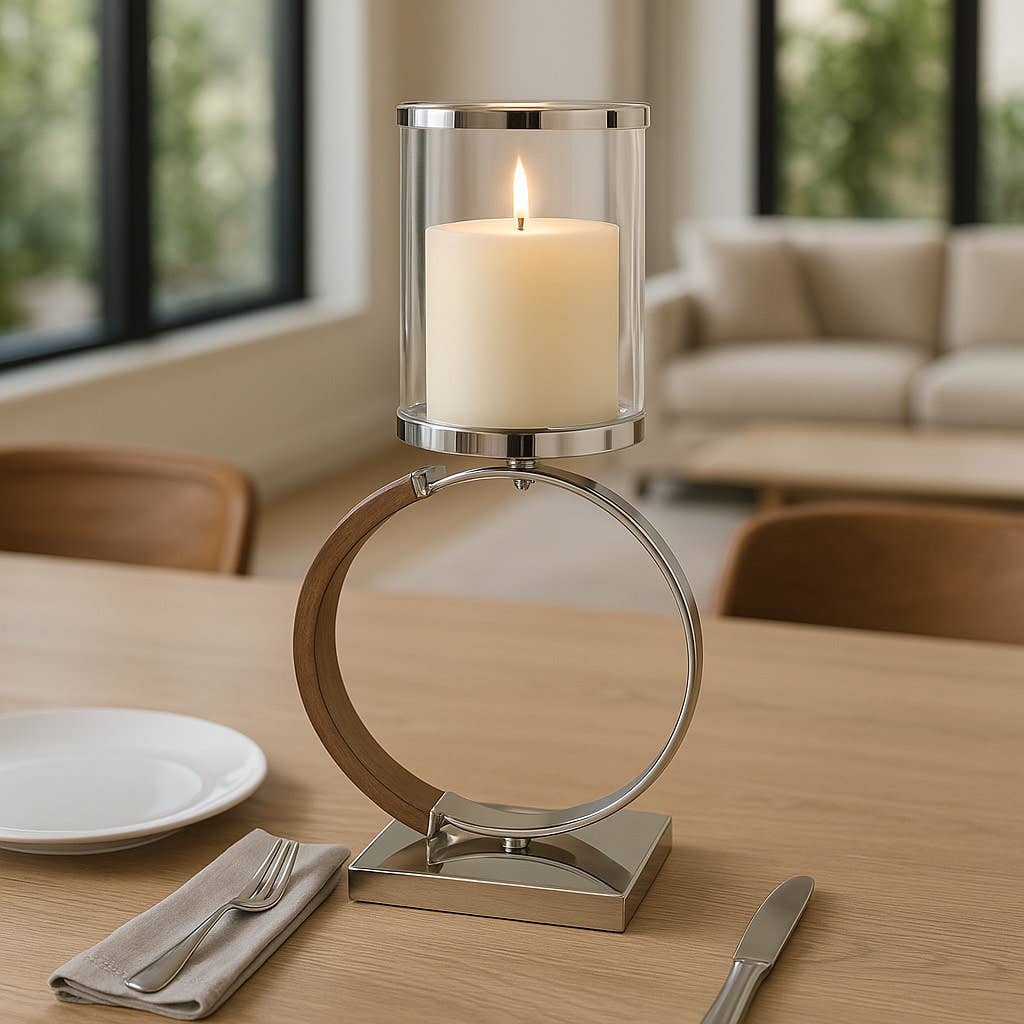 Candle Holder - Silver Metal Ring Large Hurricane, 22 in.