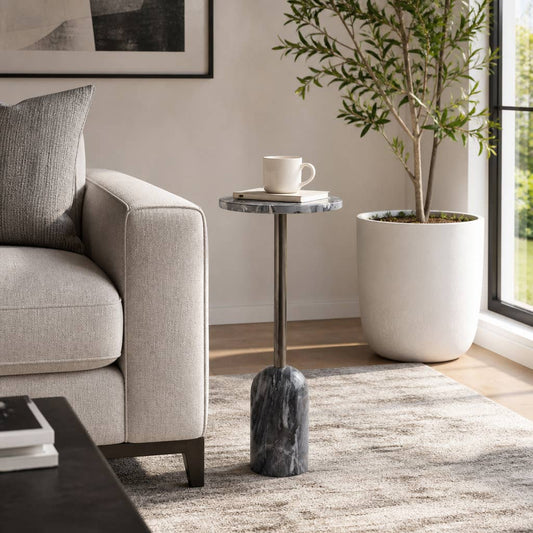 Side Table - Gray Stone Top Sculptural Narrow Base, 24 in.
