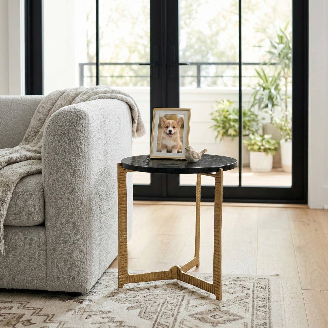 Side Table - Clear Glass Top On Textured Metal Base, 18 in.
