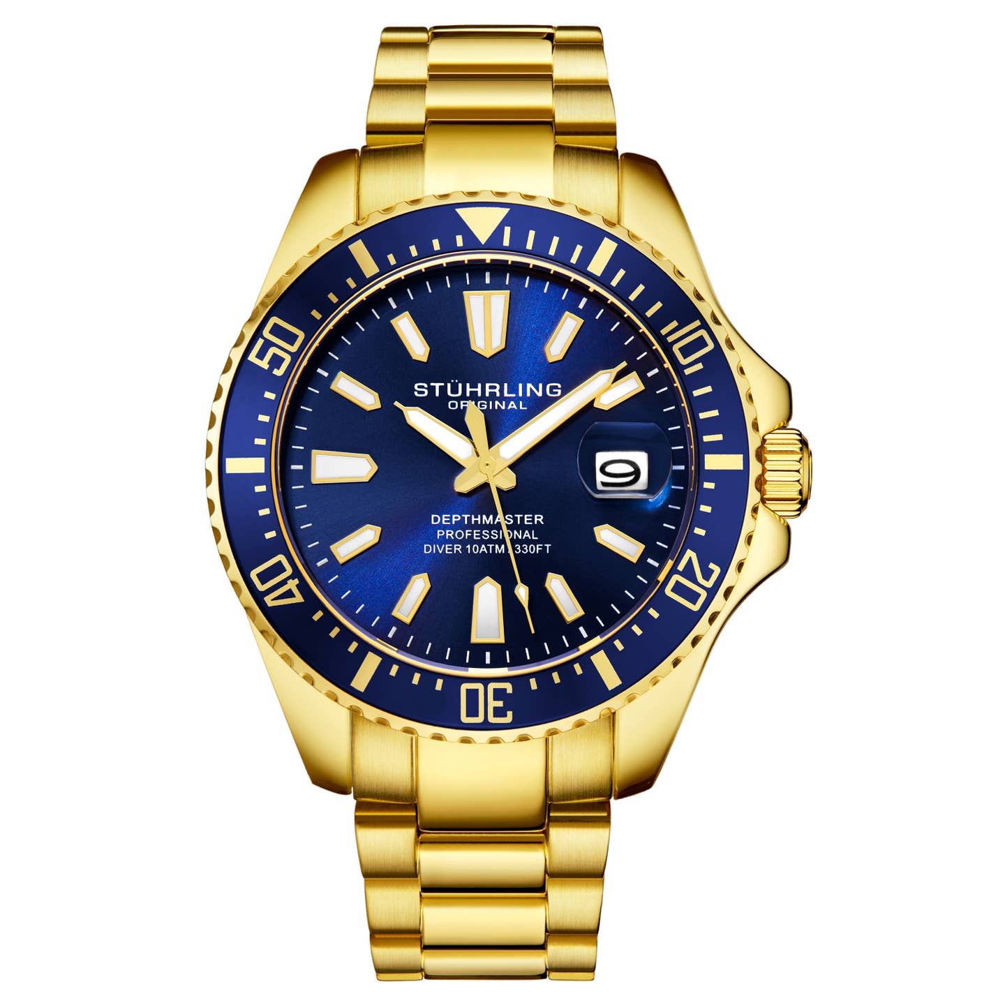 Stuhrling Original Depthmaster Men's Quartz Diver Watch, Blue Dial, Gold-Tone Bracelet