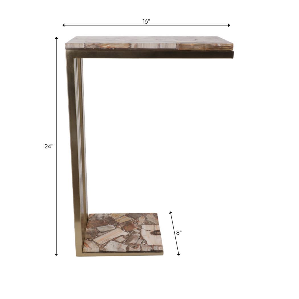 Side Table - Gold Wood Top Metal C-Shape Base, 24 in.