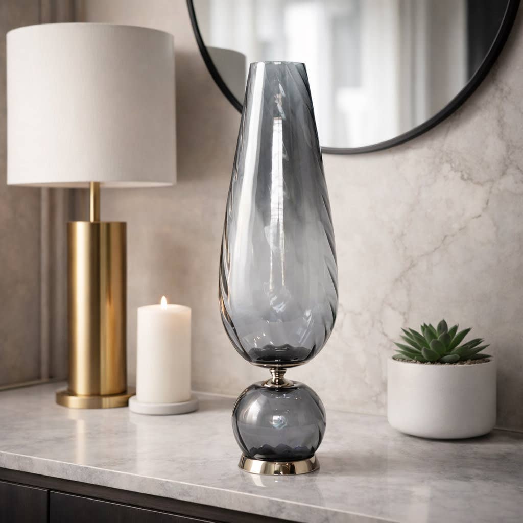 Decorative Vase - Gray Glass with Metal Base, 21 in.