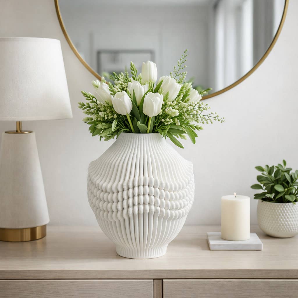 Decorative Vase - Ivory Ceramic 3D Printed Artistic, 14 in.