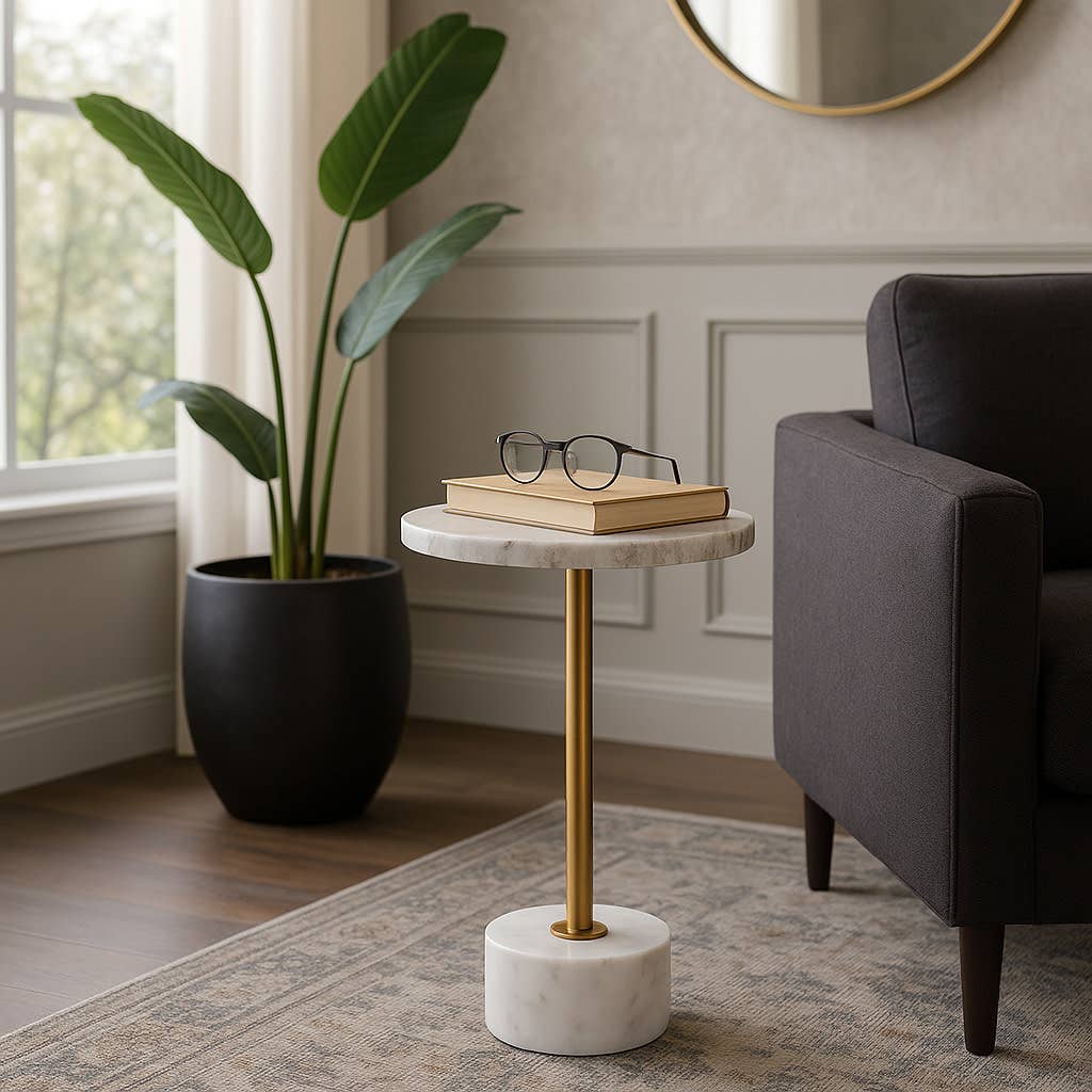 Side Table - Brown Marble Round Top with Metal Base, 24 in.