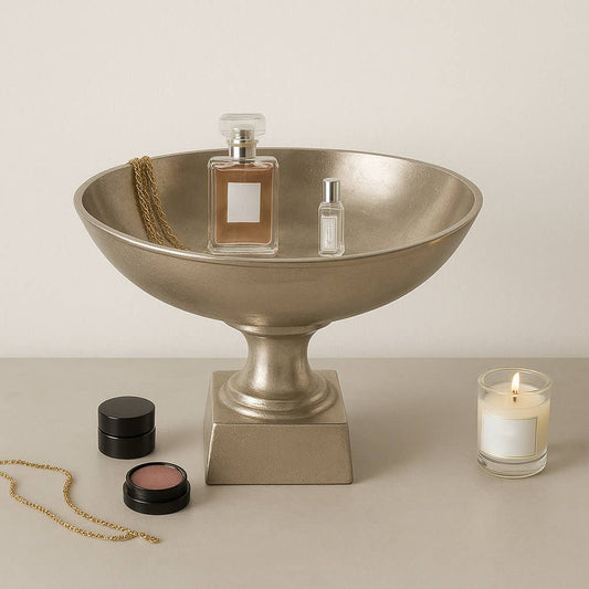 Decorative Bowl - Silver Metal Round On Square Base, 20 in.