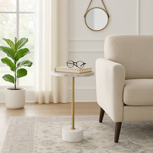 Side Table - Brown Marble Round Top with Metal Base, 24 in.