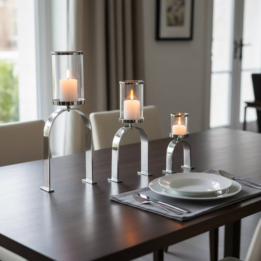 Candle Holders Set of 3 - Silver Metal Pillar, 10/16/22 in.